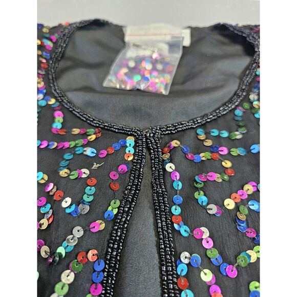 VTG Pappell Boutique XL Silk Black Jacket Multicolor‎ Sequins Holiday Party NYE - Picture 5 of 9